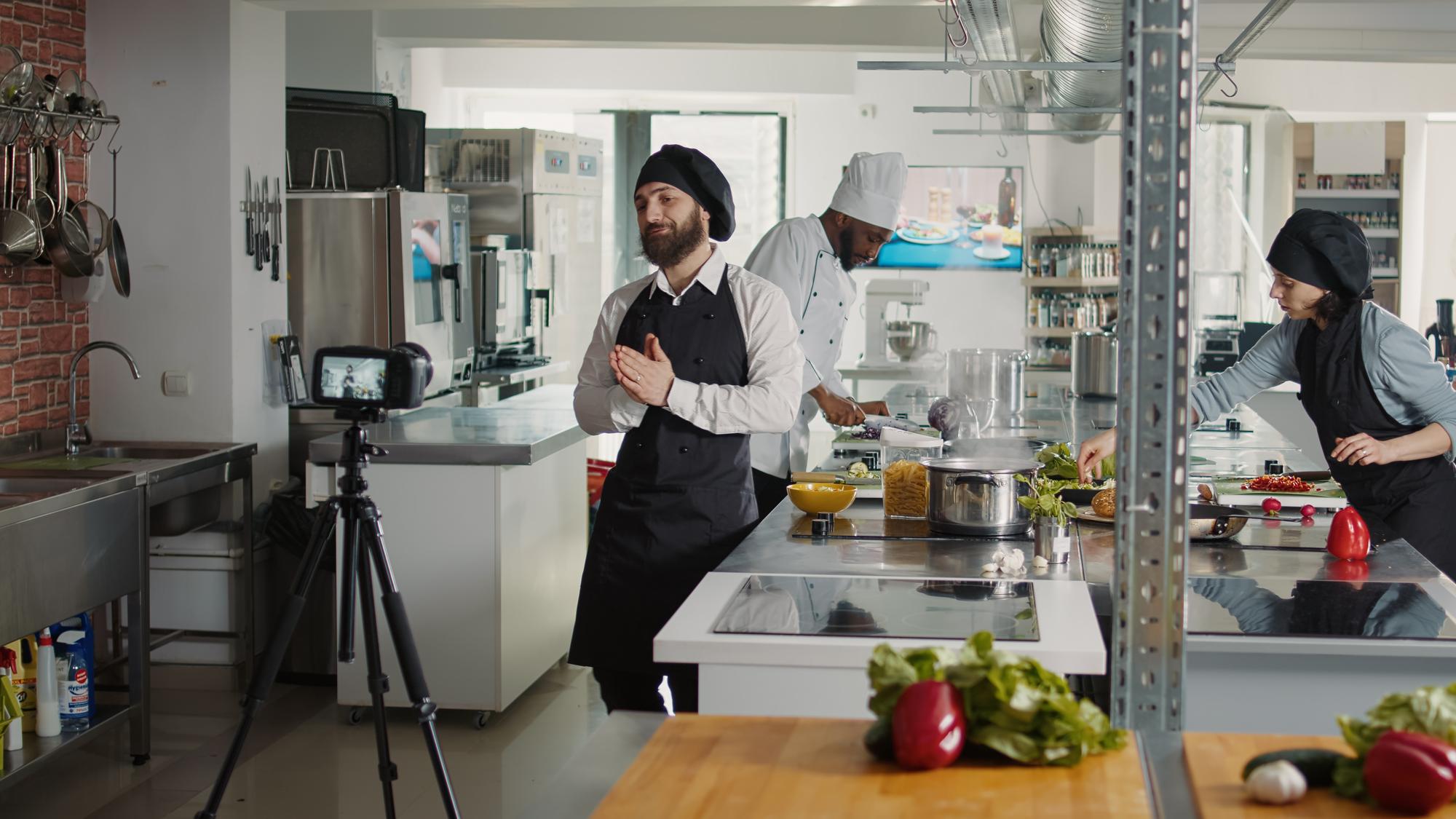 Interior of a culinary studio with table and equipment